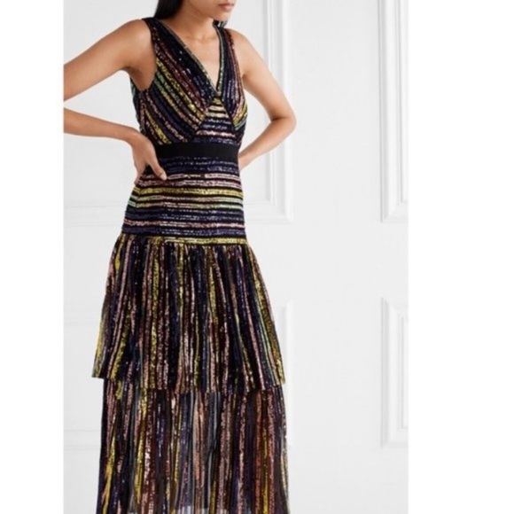 New Self-Portrait Tiered Striped Sequin Midi Dress Multi Color Size 8 - Picture 8 of 9